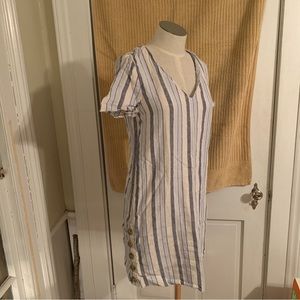 Madewell Blue White Stripe Linen V Neck Top Buttons Short Sleeve Shirt Dress XXS